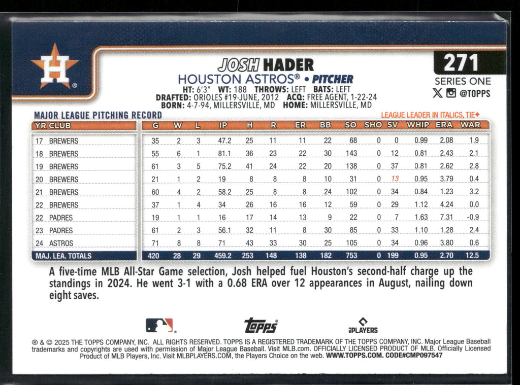 2025 Topps #271 Josh Hader