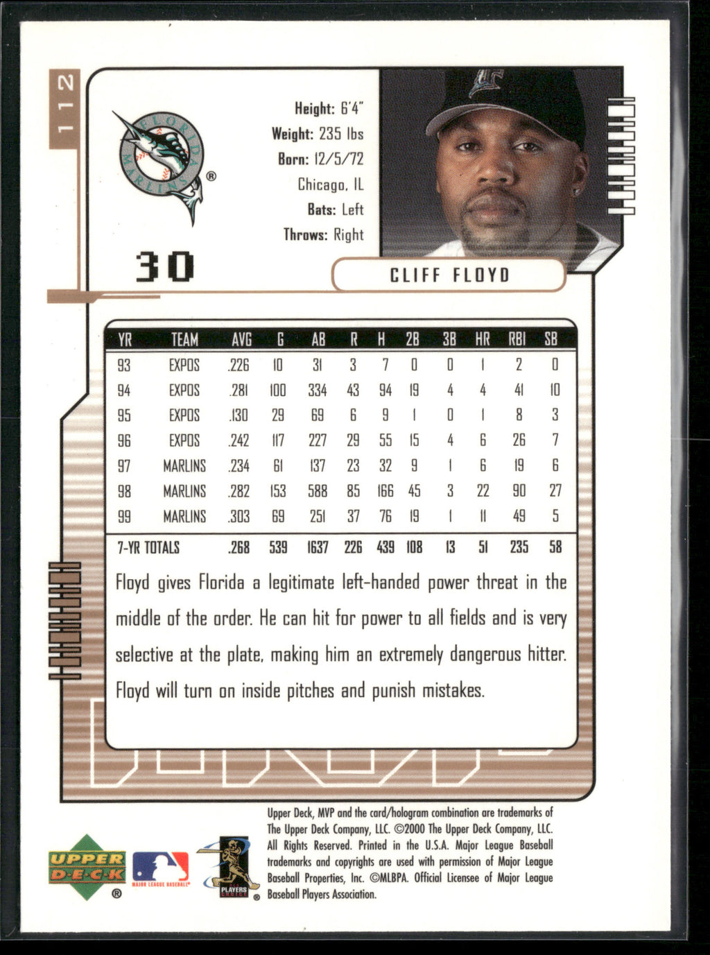2000 Upper Deck MVP #112 Cliff Floyd