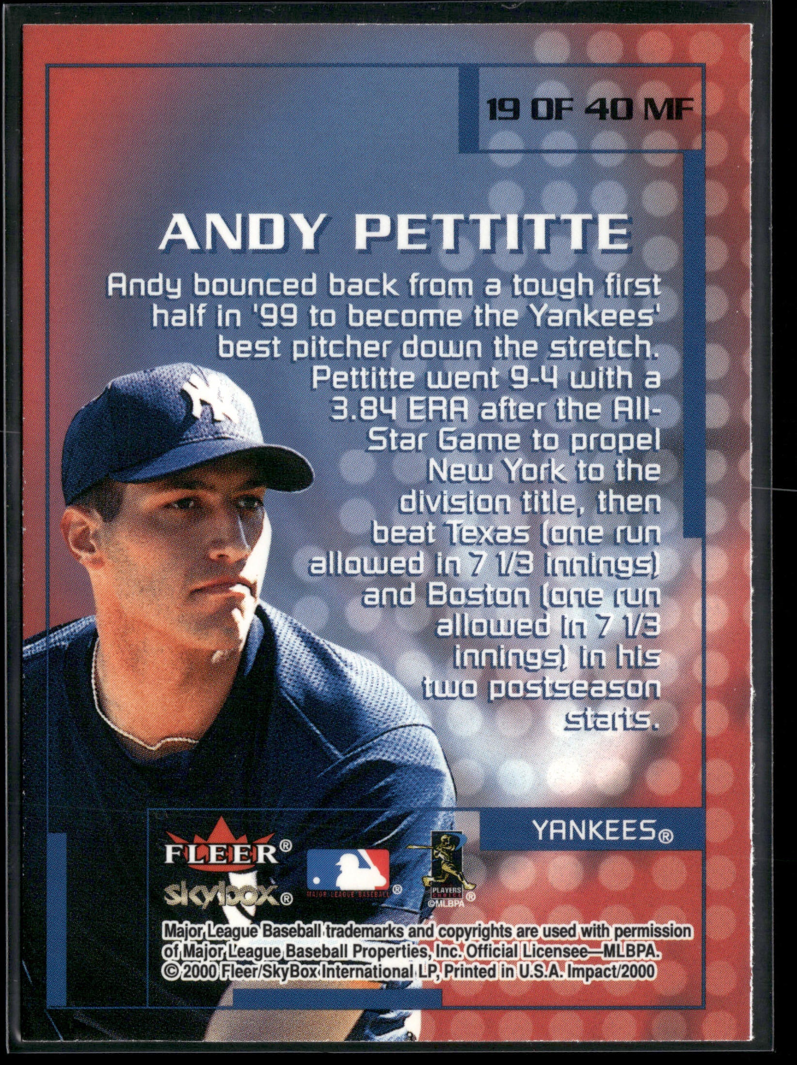 2000 Fleer Impact #19MF Andy Pettitte Mighty Fine in '99
