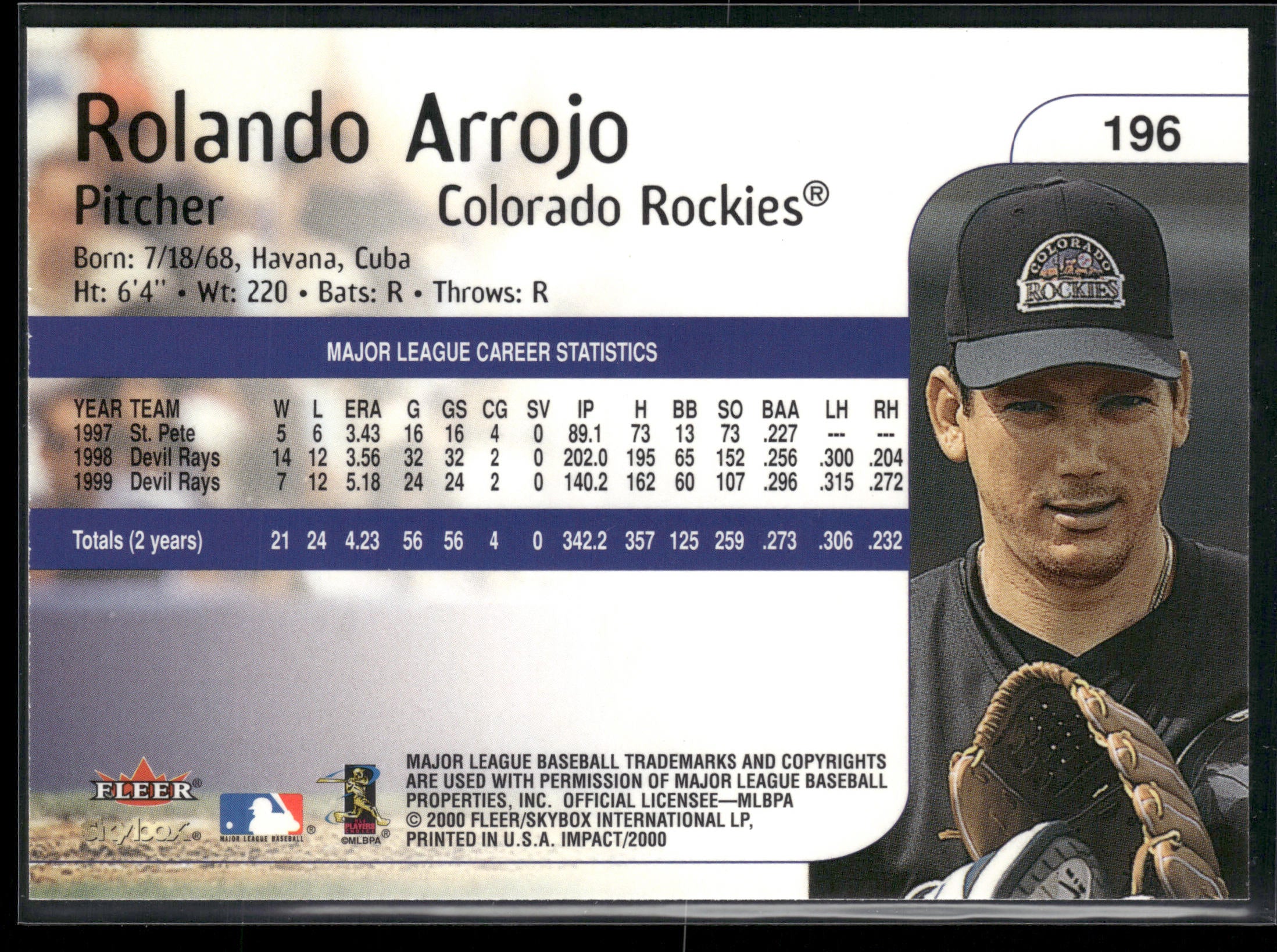 2000 Fleer Impact #196 Rolando Arrojo