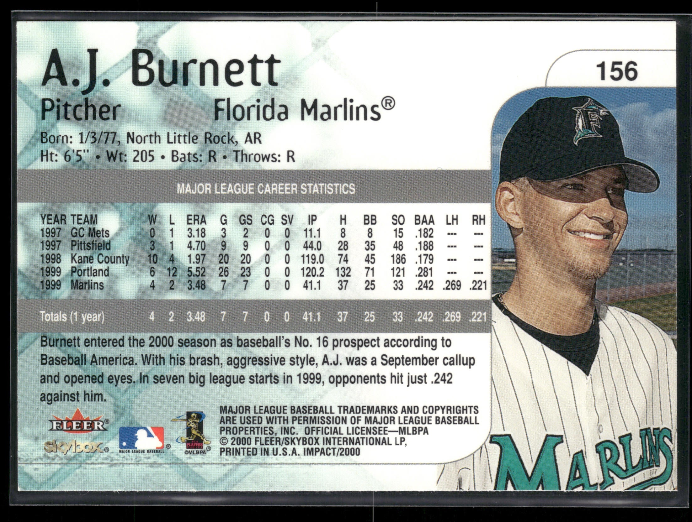2000 Fleer Impact #156 A.J. Burnett