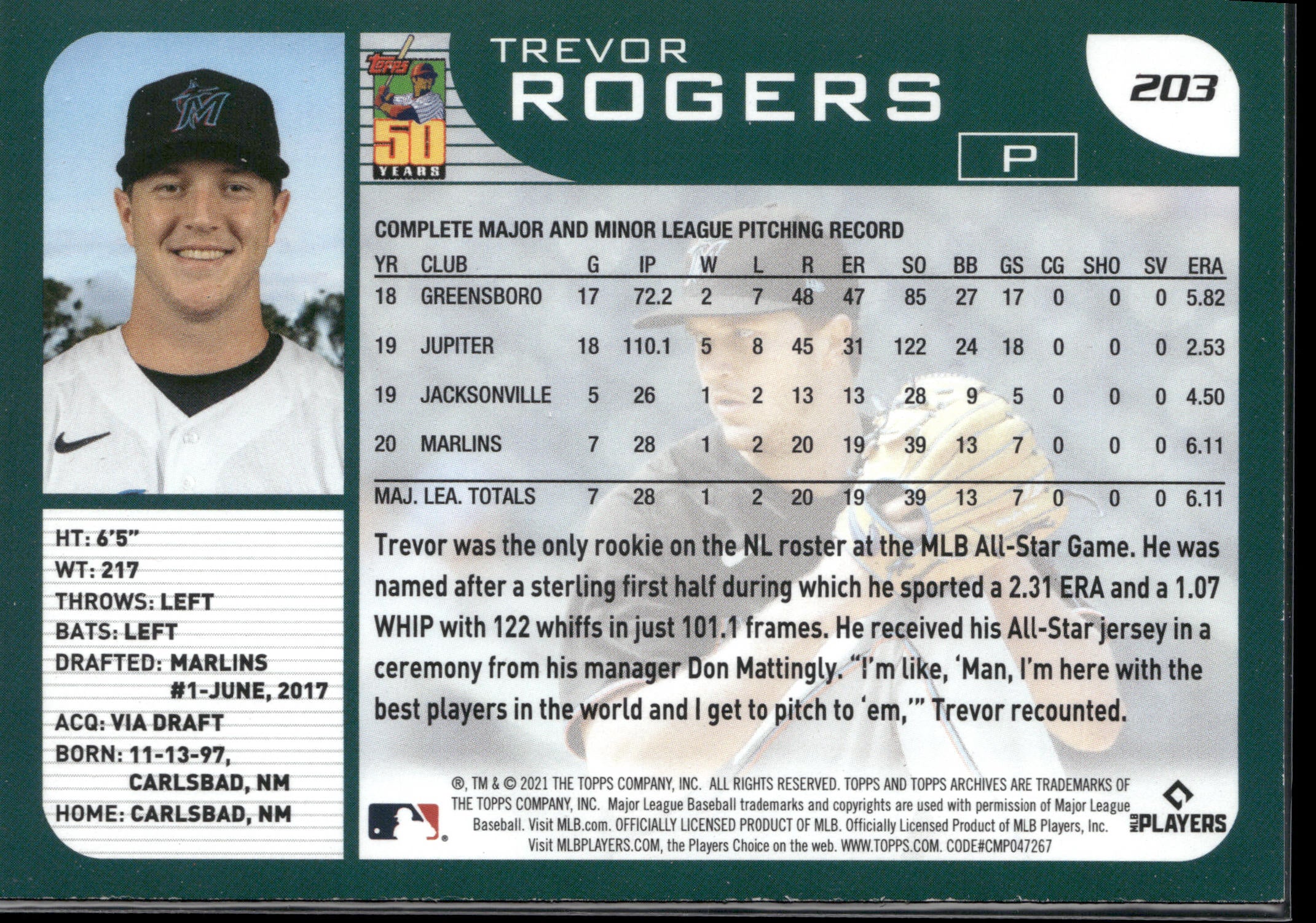 2021 Topps Archives #203 Trevor Rogers