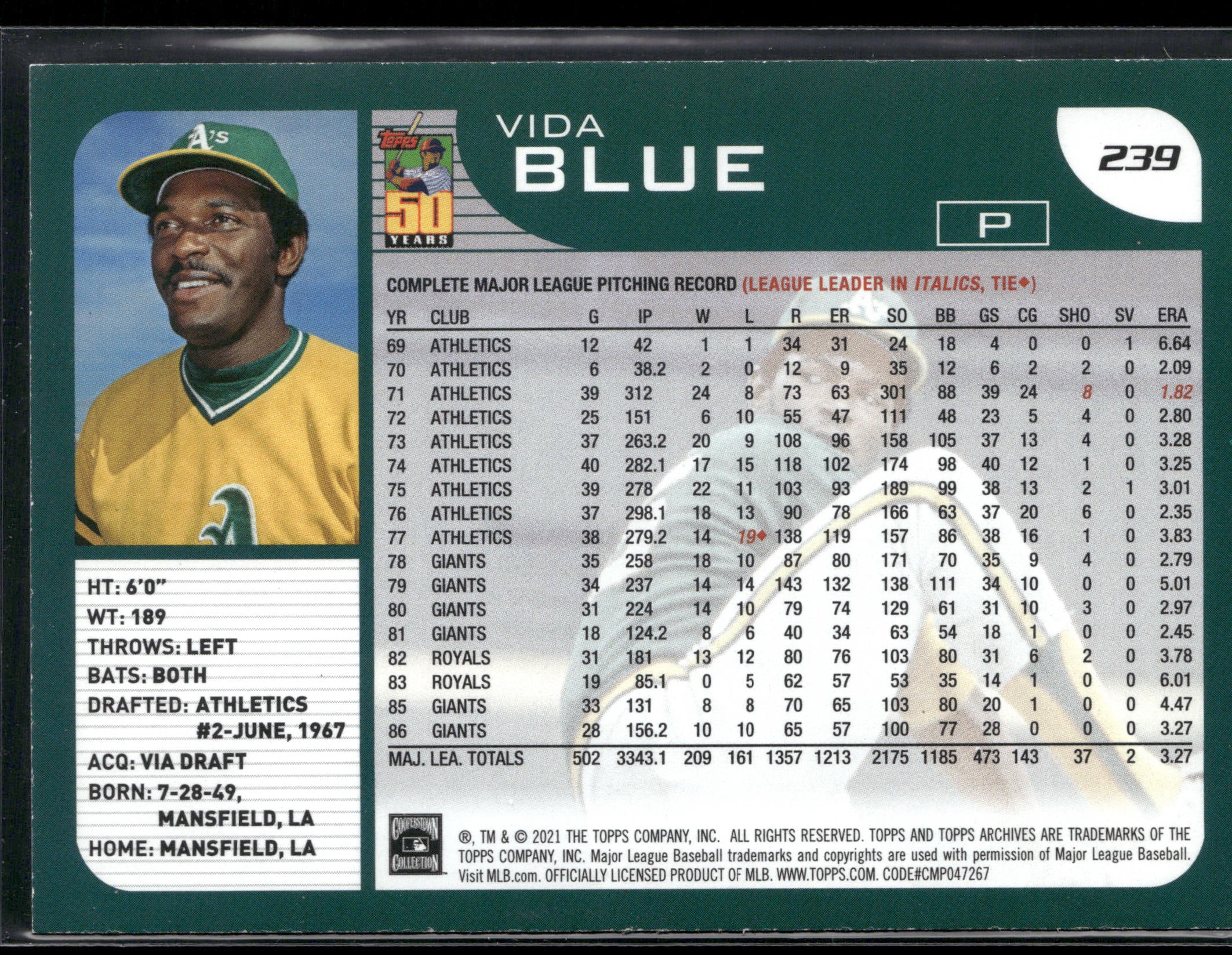 2021 Topps Archives #239 Vida Blue 70 Years of Baseball Emblem