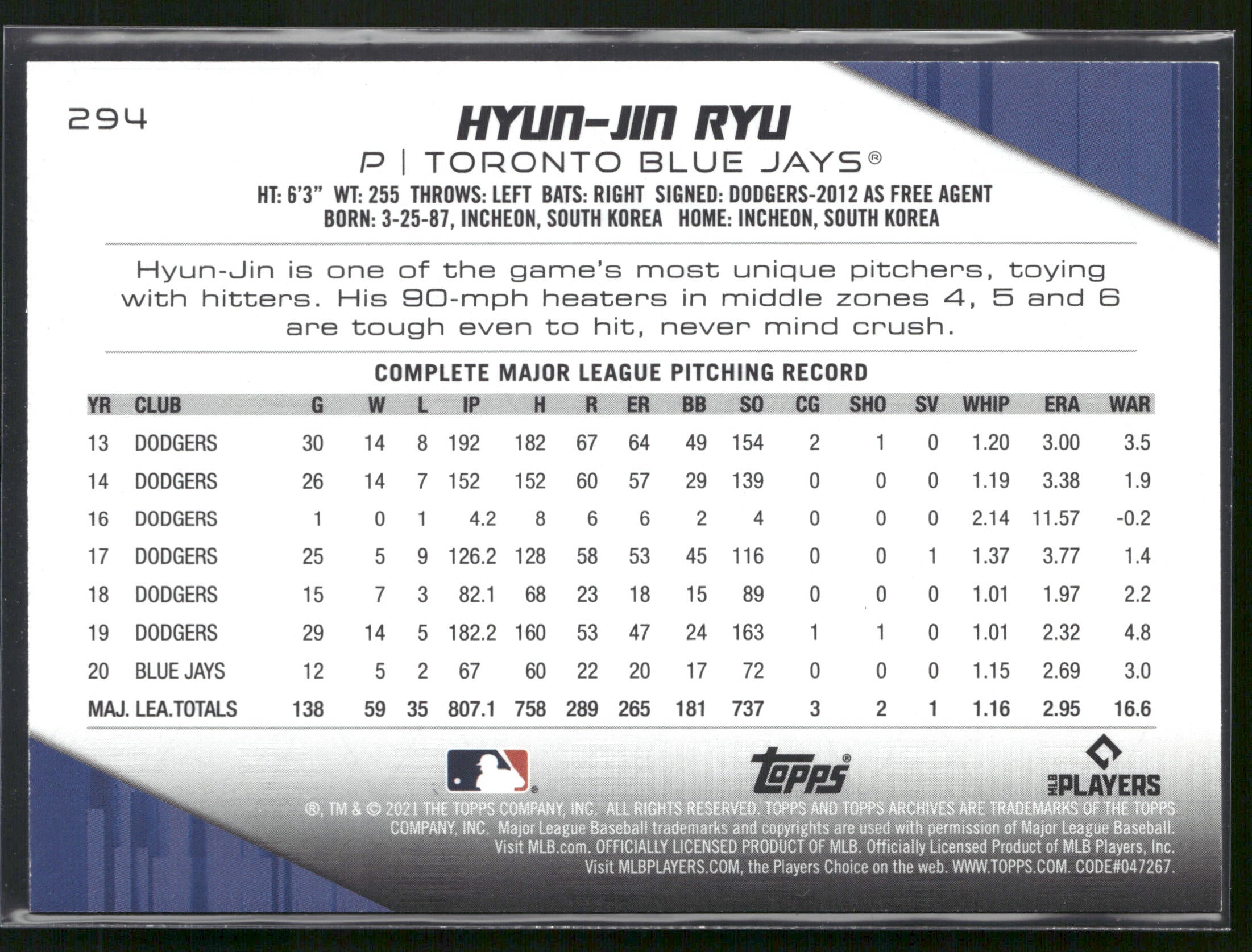 2021 Topps Archives #294 Hyun-Jin Ryu