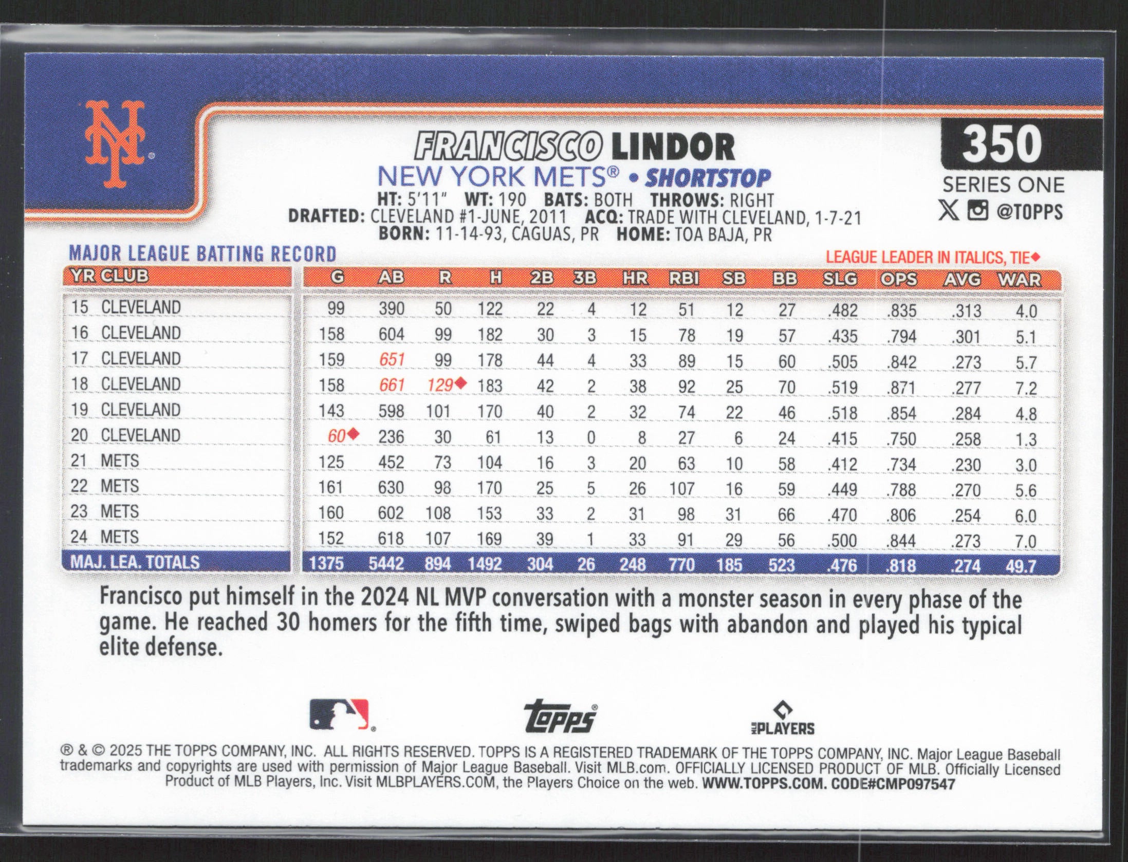 2025 Topps #350 Francisco Lindor