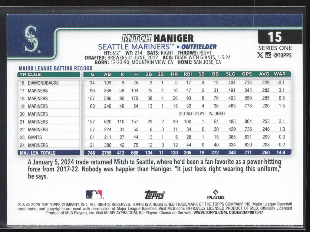 2025 Topps #15 Mitch Haniger