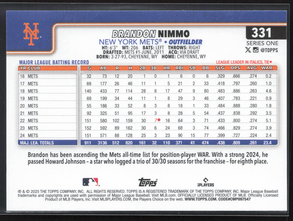 2025 Topps #331 Brandon Nimmo