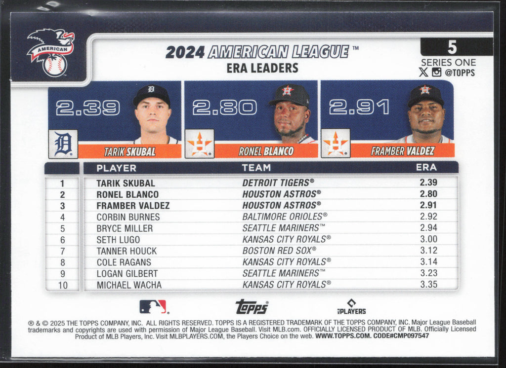 2025 Topps #5 American League Leaders ERA Skubal / Blanco / Valdez