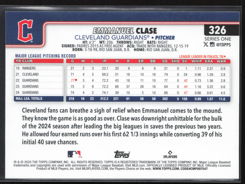 2025 Topps #326 Emmanuel Clase