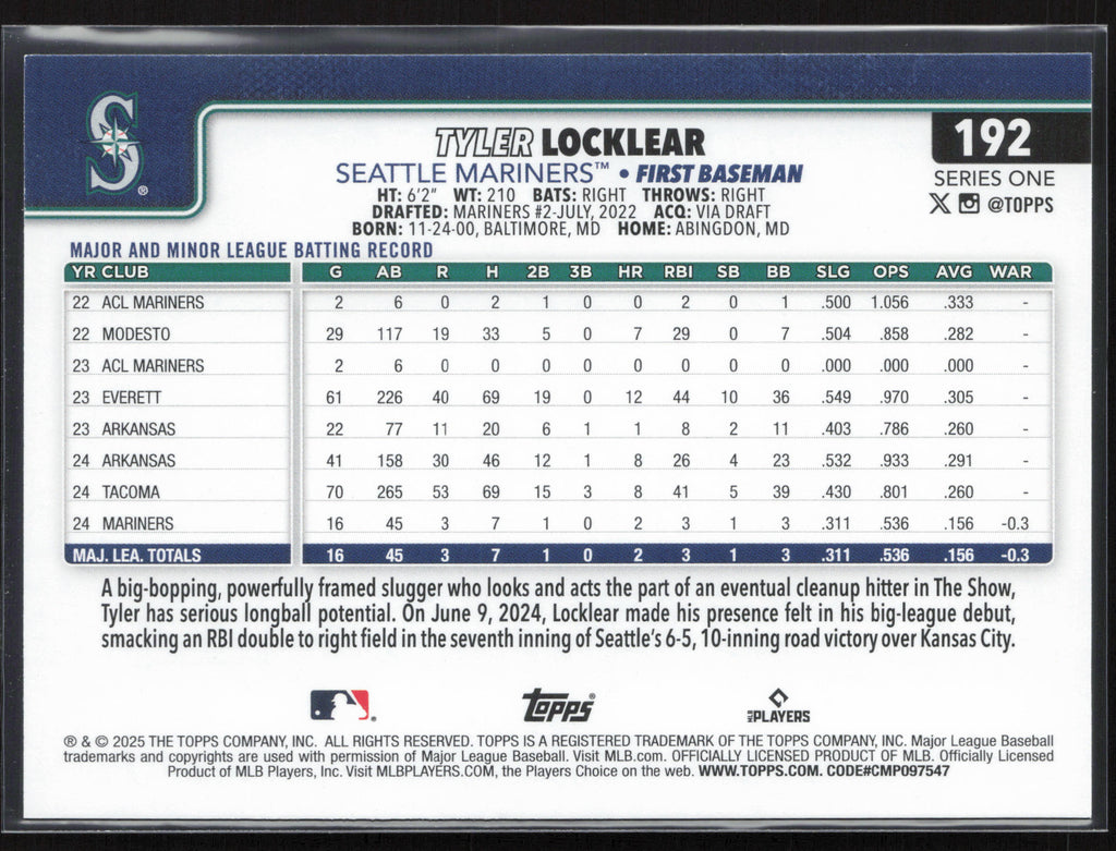 2025 Topps #192 Tyler Locklear