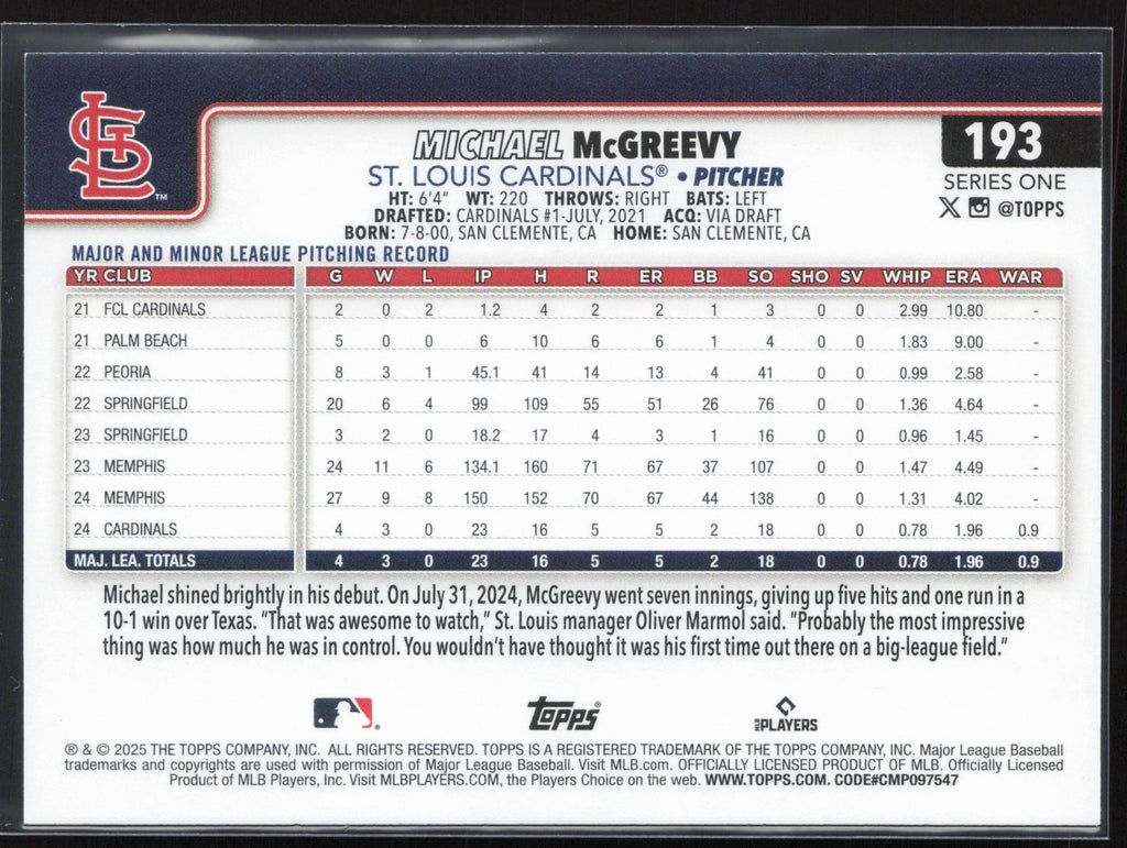 2025 Topps #193 Michael McGreevy