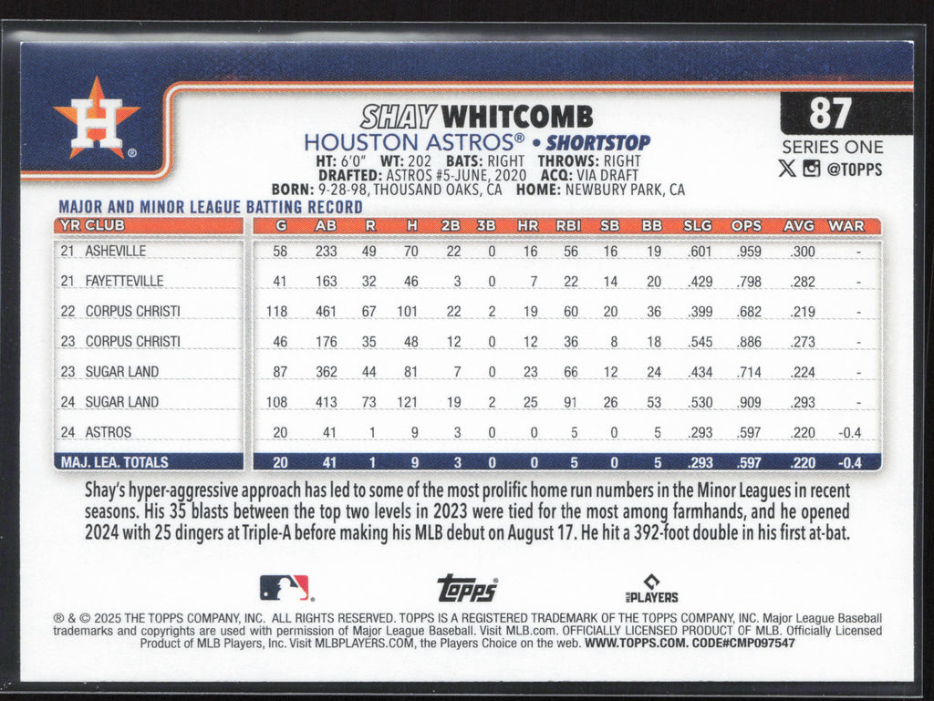 2025 Topps #87 Shay Whitcomb