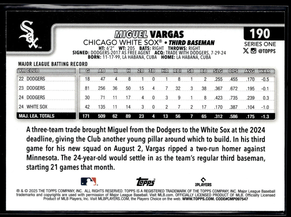 2025 Topps #190 Miguel Vargas