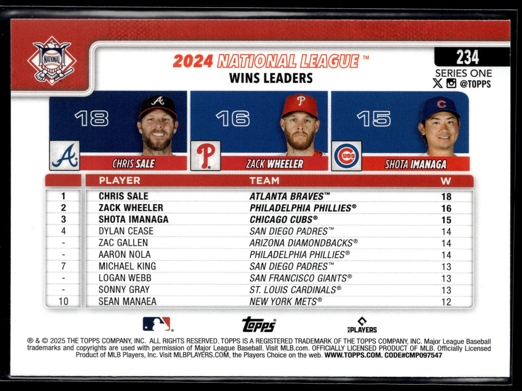 2025 Topps #234 National League Leaders Wins Sale / Wheeler / Imanaga