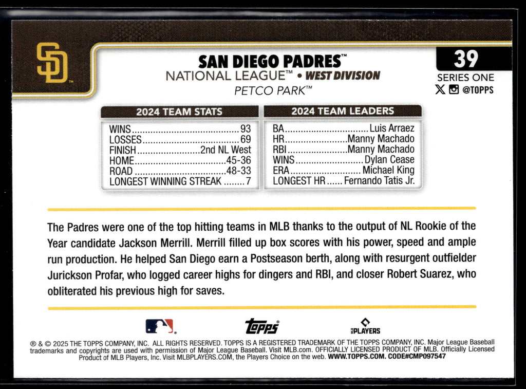 2025 Topps #39 San Diego Padres