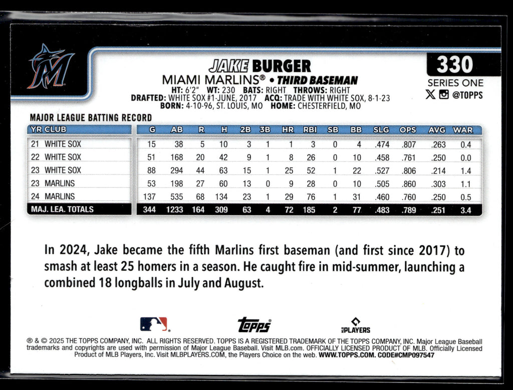 2025 Topps #330 Jake Burger