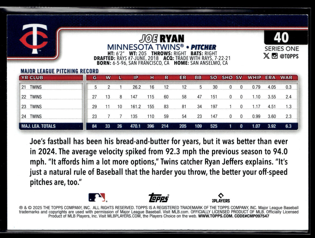 2025 Topps #40 Joe Ryan