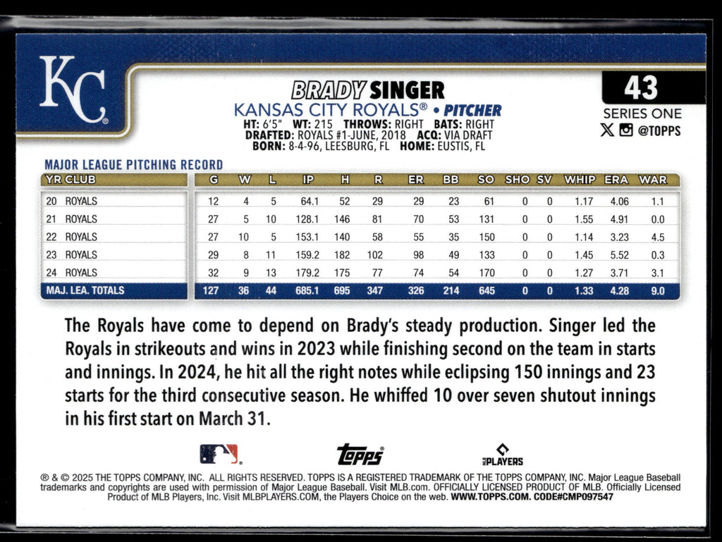 2025 Topps #43 Brady Singer
