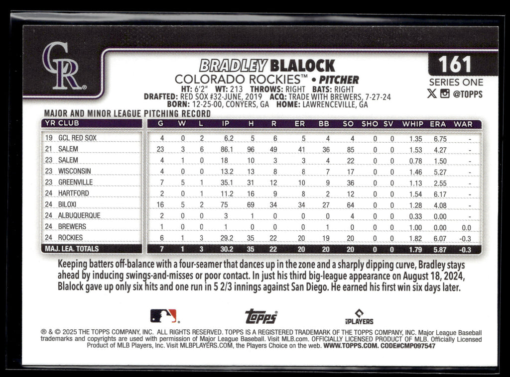 2025 Topps #161 Bradley Blalock