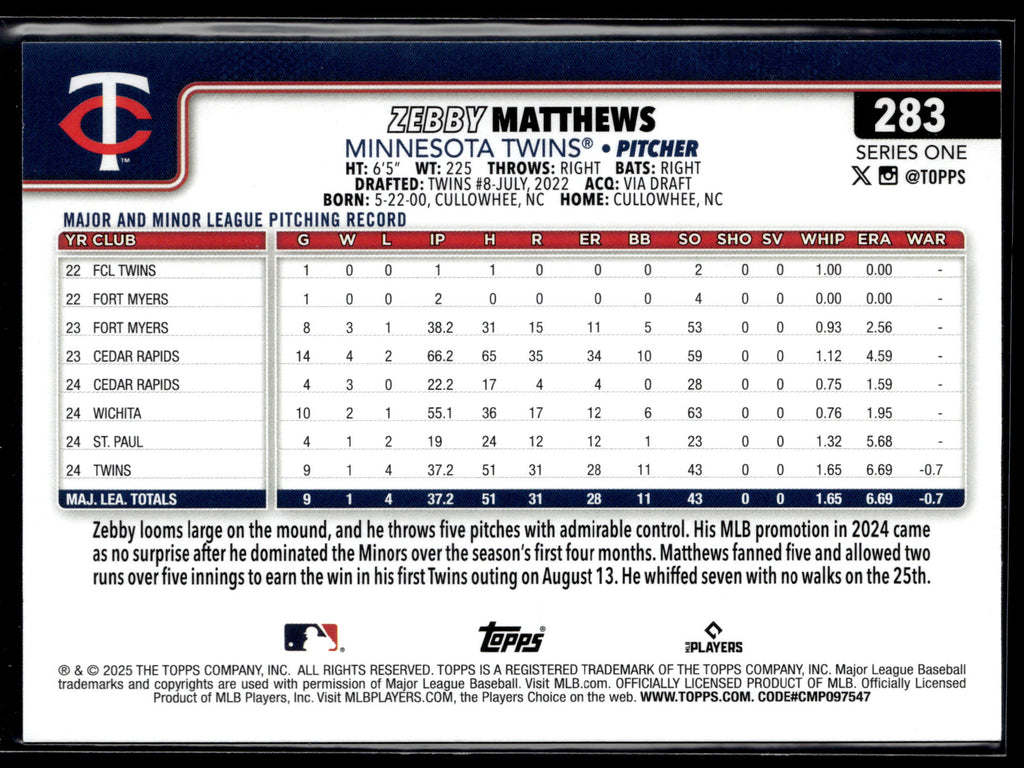 2025 Topps #283 Zebby Matthews