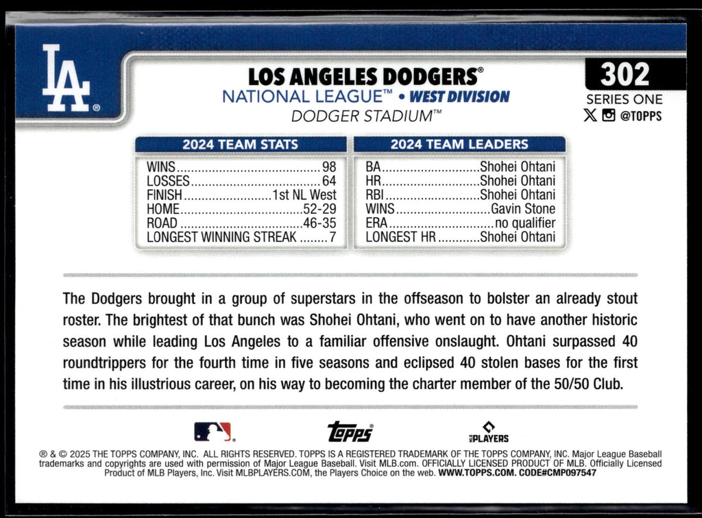 2025 Topps #302 Los Angeles Dodgers