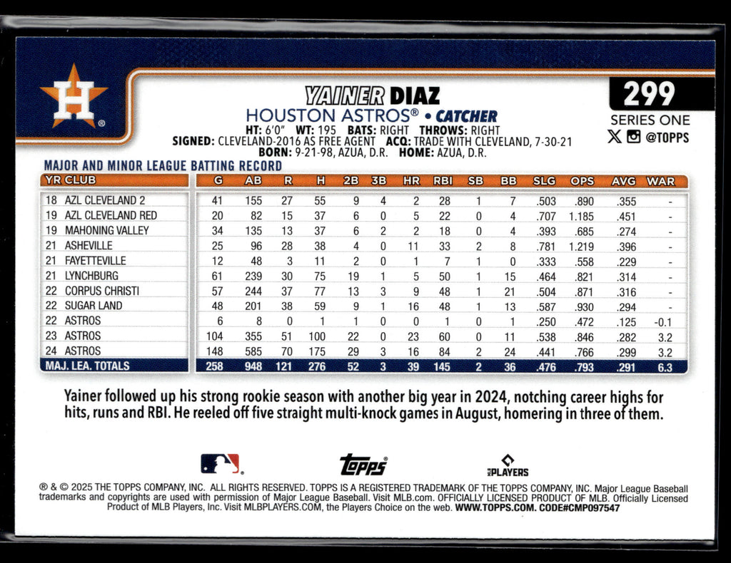 2025 Topps #299 Yainer Diaz