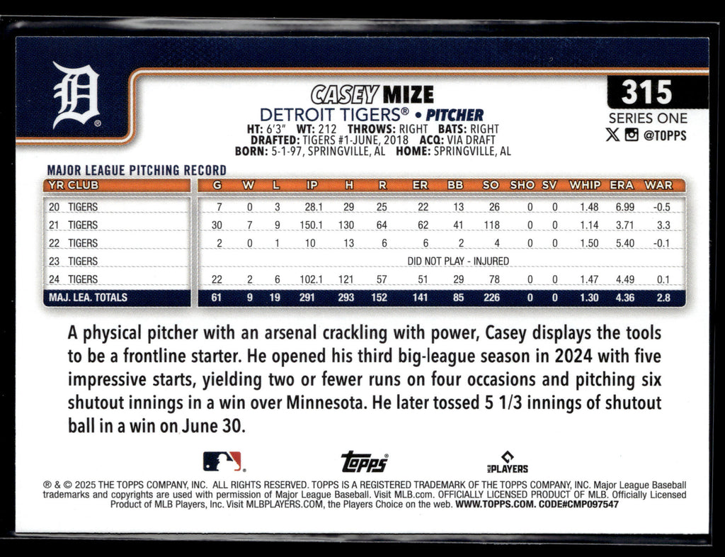 2025 Topps #315 Casey Mize