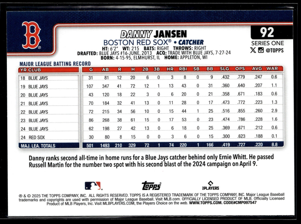 2025 Topps #92 Danny Jansen