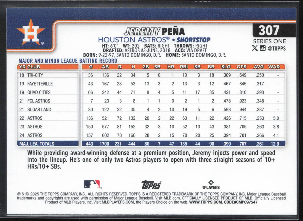 2025 Topps #307 Jeremy Peña