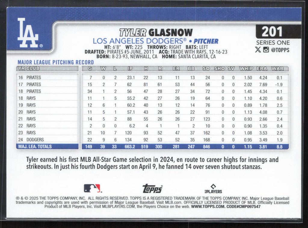2025 Topps #201 Tyler Glasnow