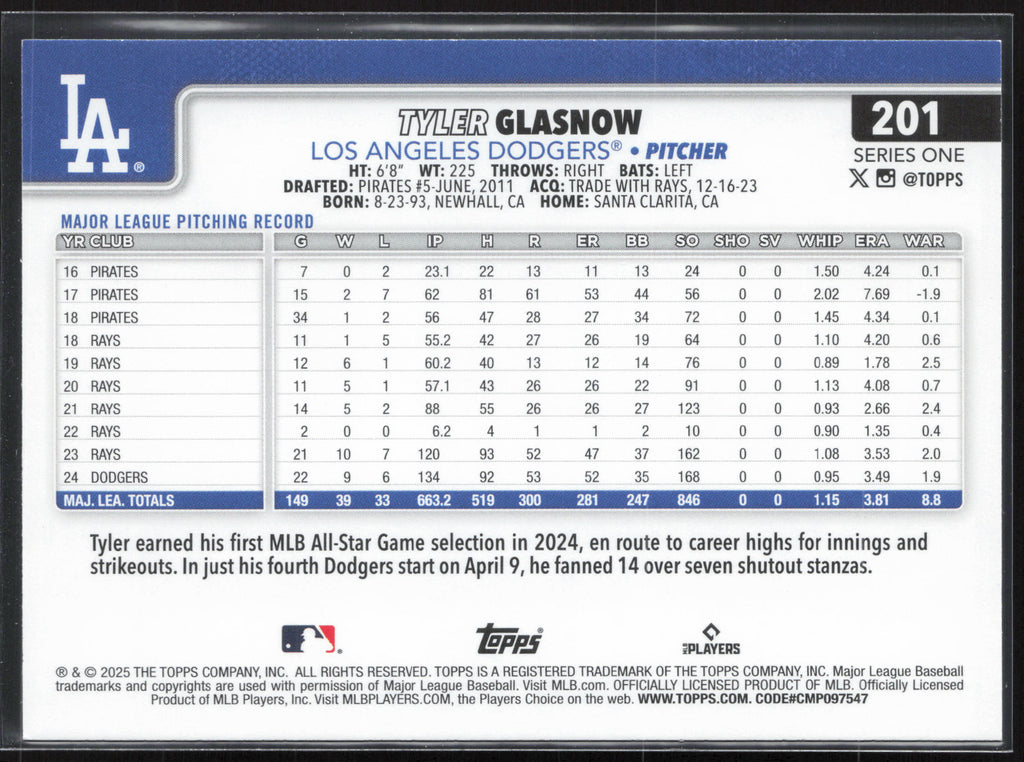 2025 Topps #201 Tyler Glasnow