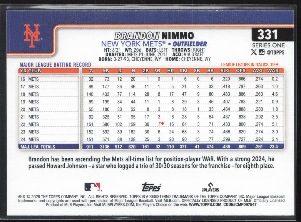 2025 Topps #331 Brandon Nimmo