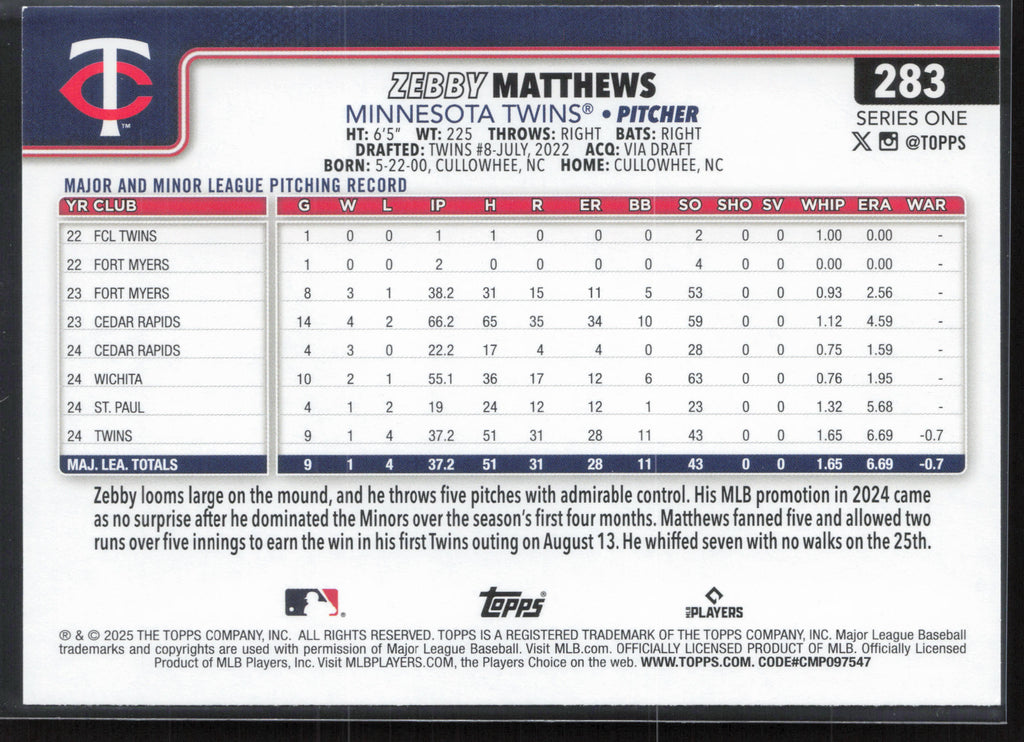 2025 Topps #283 Zebby Matthews