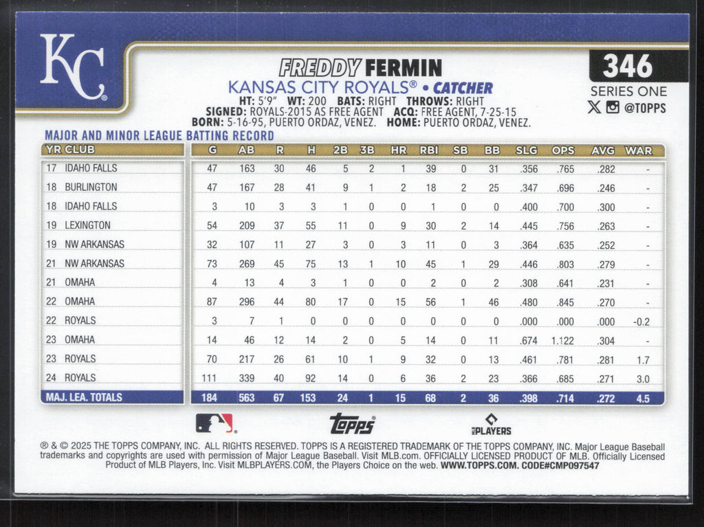 2025 Topps #346 Freddy Fermin