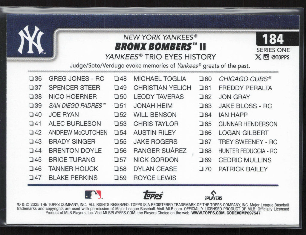 2025 Topps #184 Bronx Bombers II: Yankees Trio Eyes History