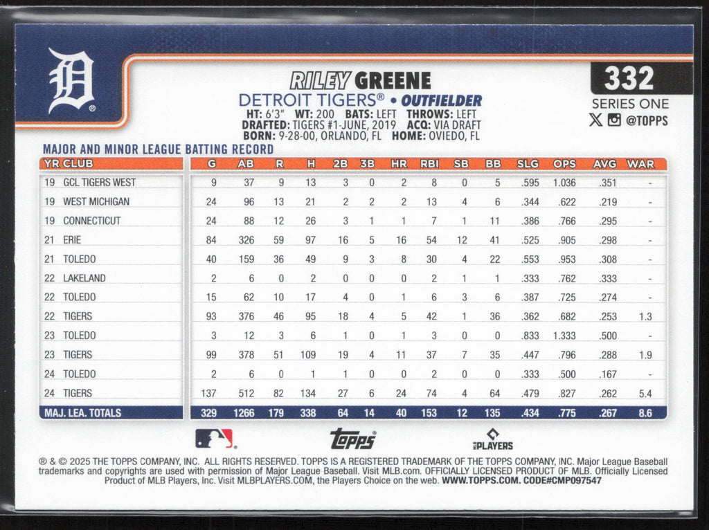 2025 Topps #332 Riley Greene