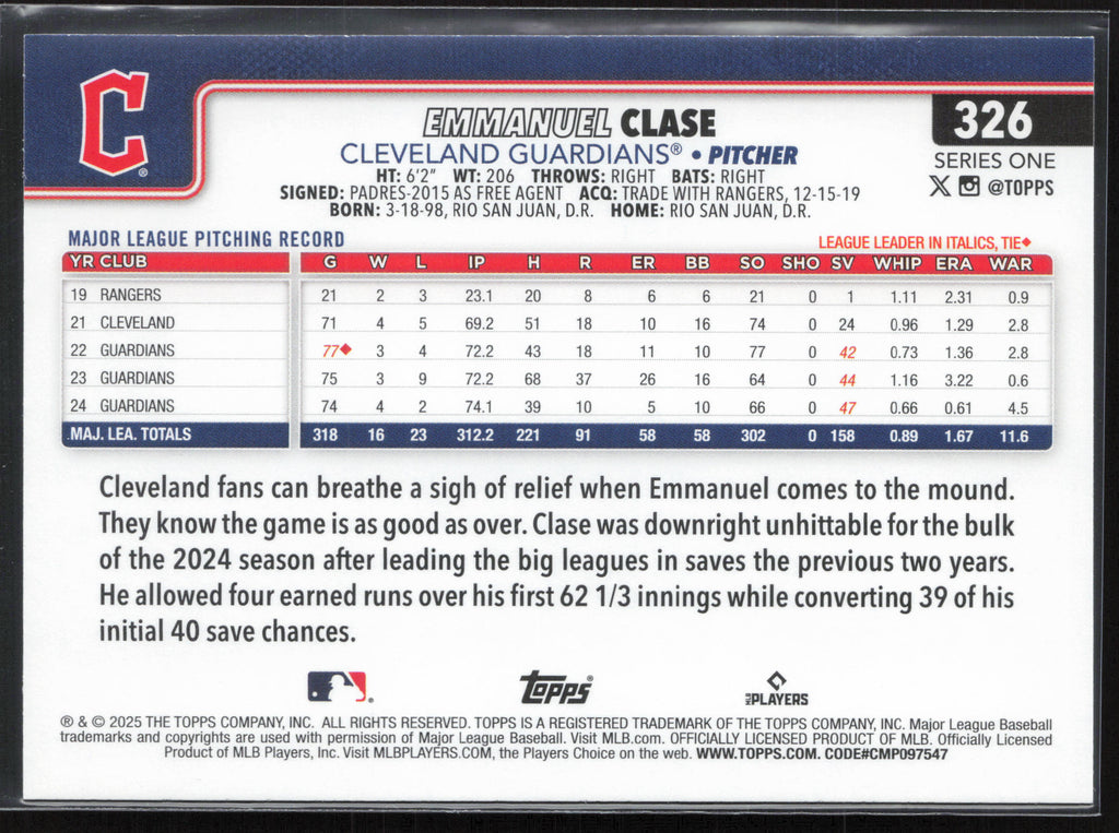 2025 Topps #326 Emmanuel Clase