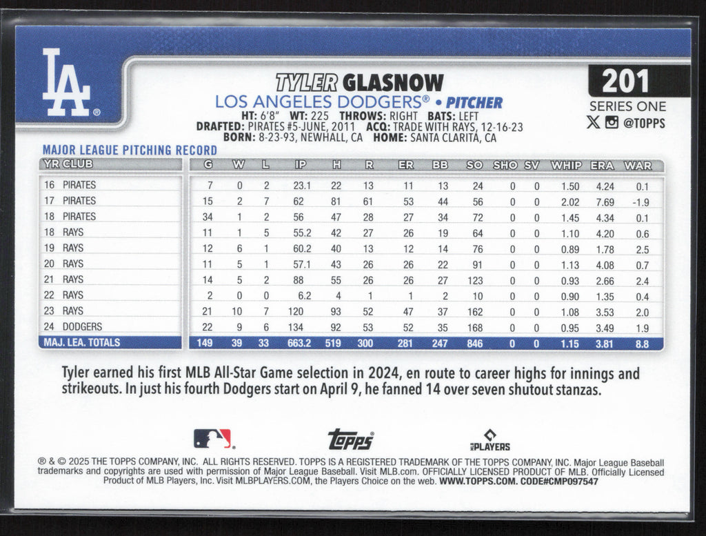 2025 Topps #201 Tyler Glasnow