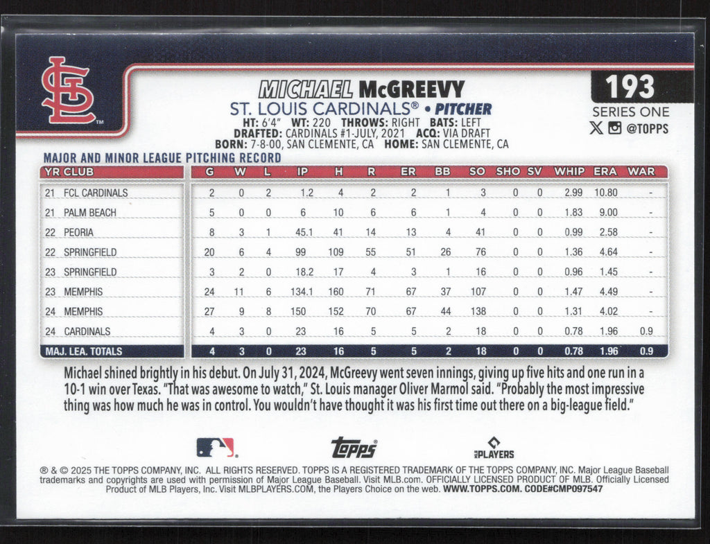 2025 Topps #193 Michael McGreevy