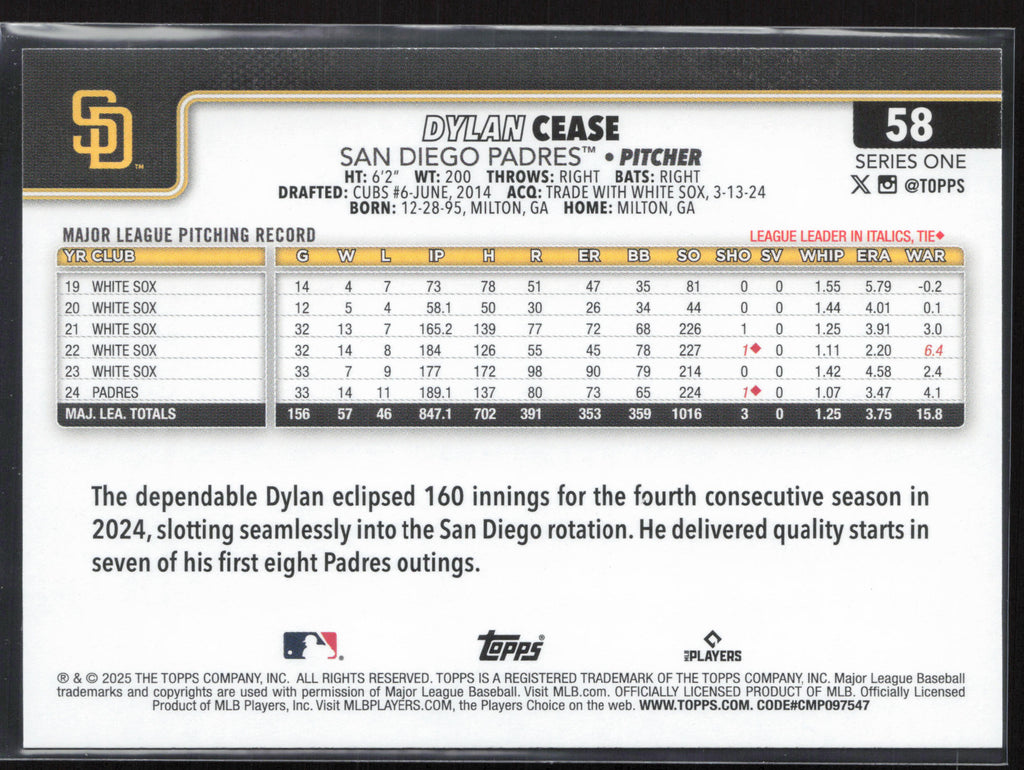 2025 Topps #58 Dylan Cease