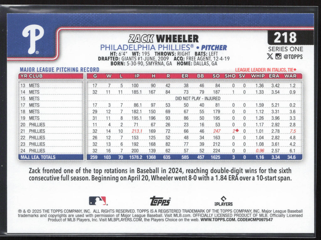 2025 Topps #218 Zack Wheeler