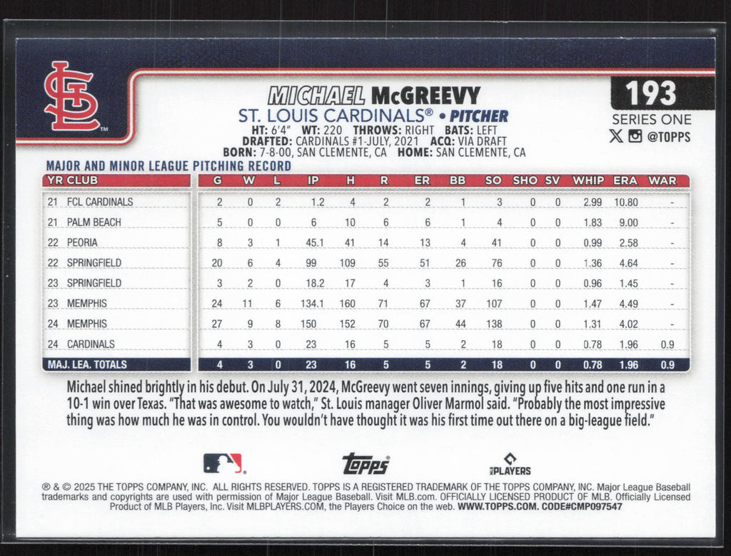 2025 Topps #193 Michael McGreevy