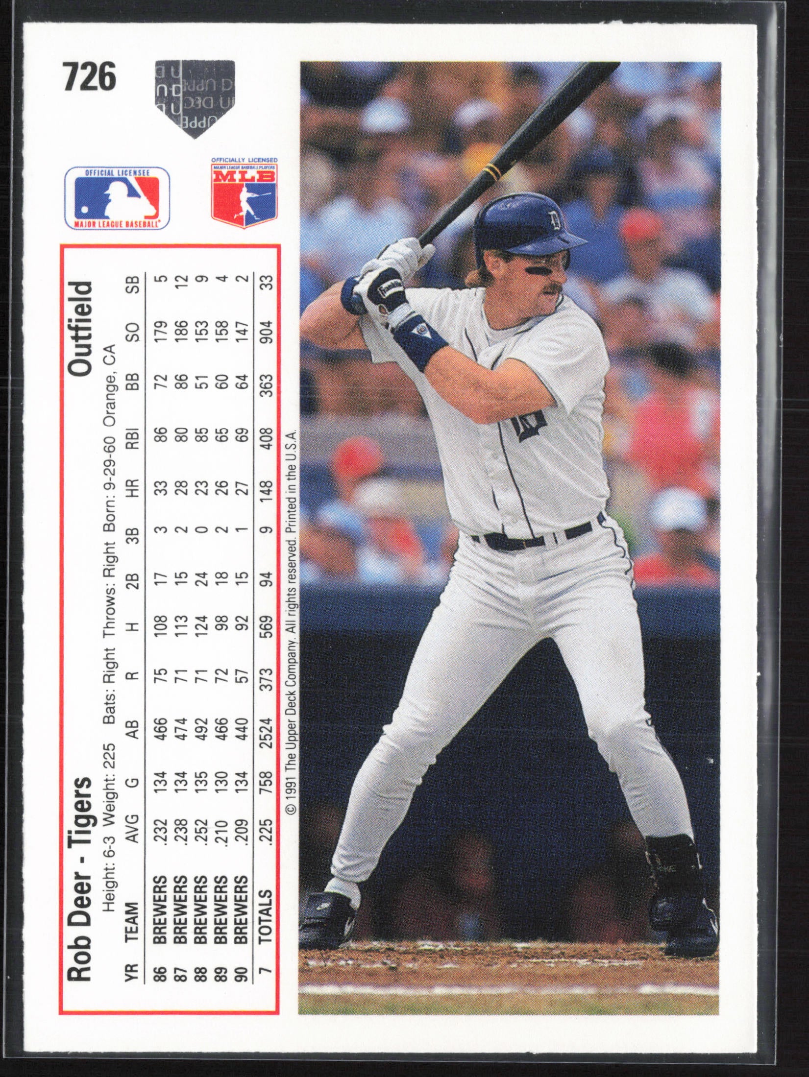 1991 Upper Deck #726 Rob Deer