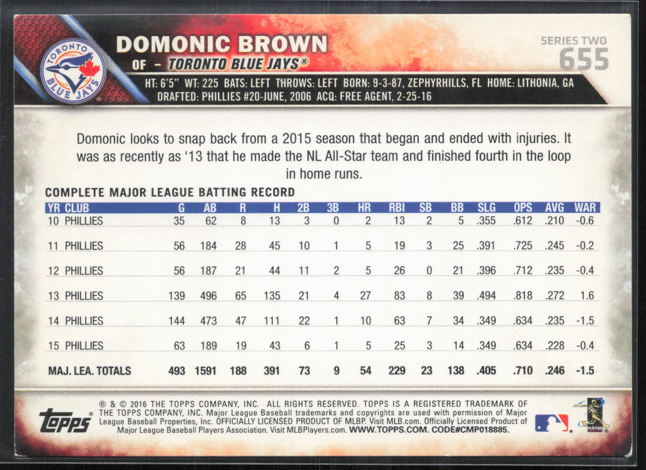 2016 Topps #655 Domonic Brown