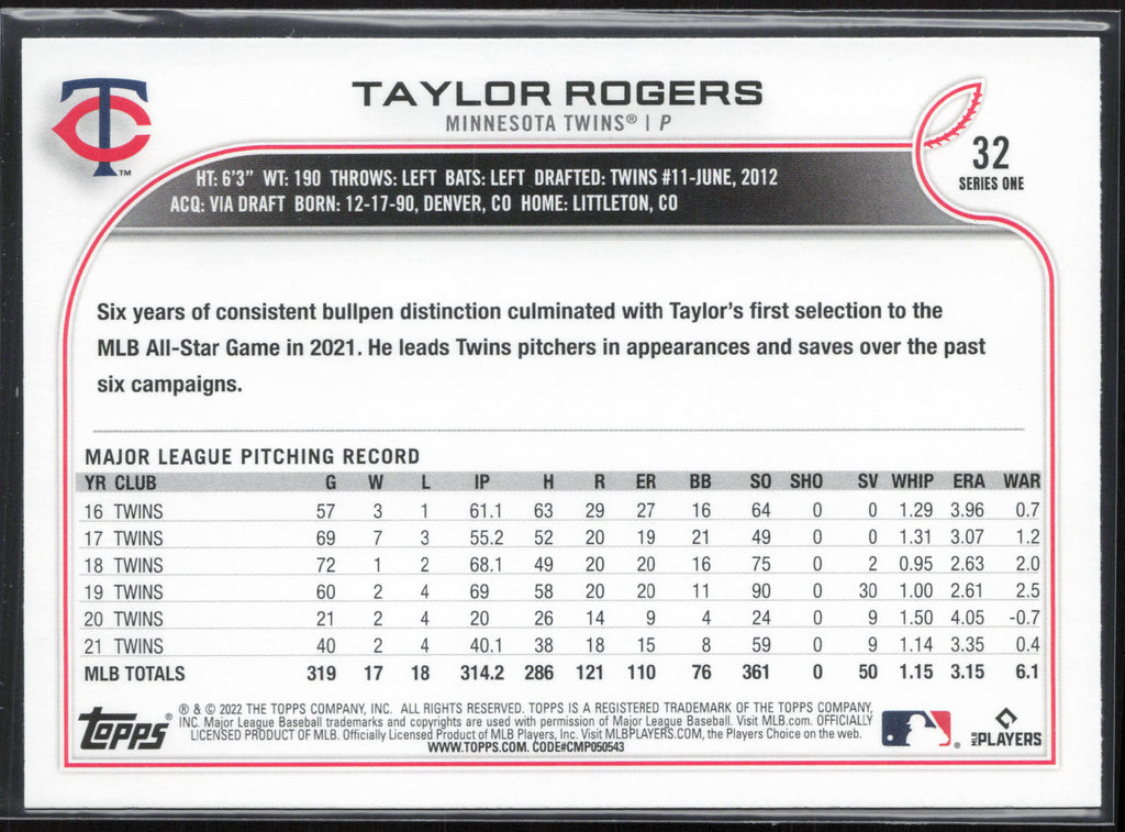 2022 Topps #32 Taylor Rogers