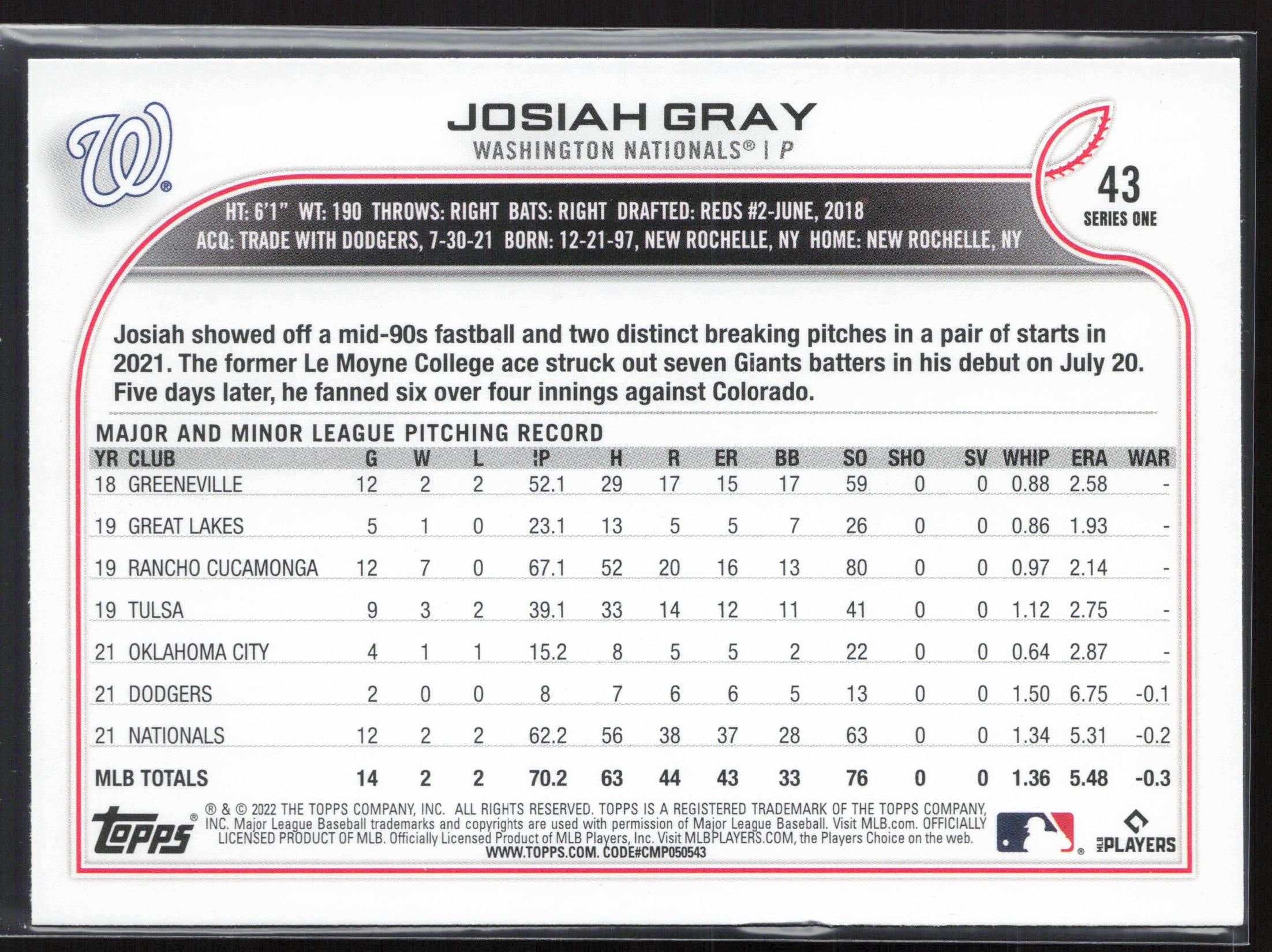2022 Topps #43b Josiah Gray