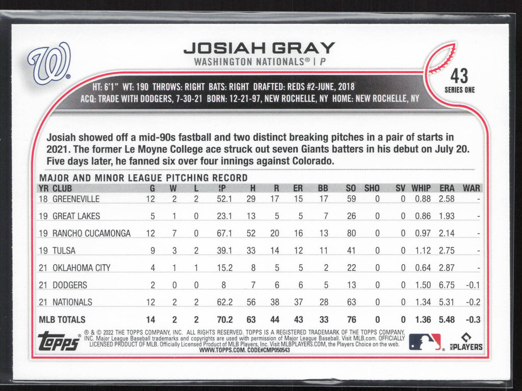 2022 Topps #43b Josiah Gray