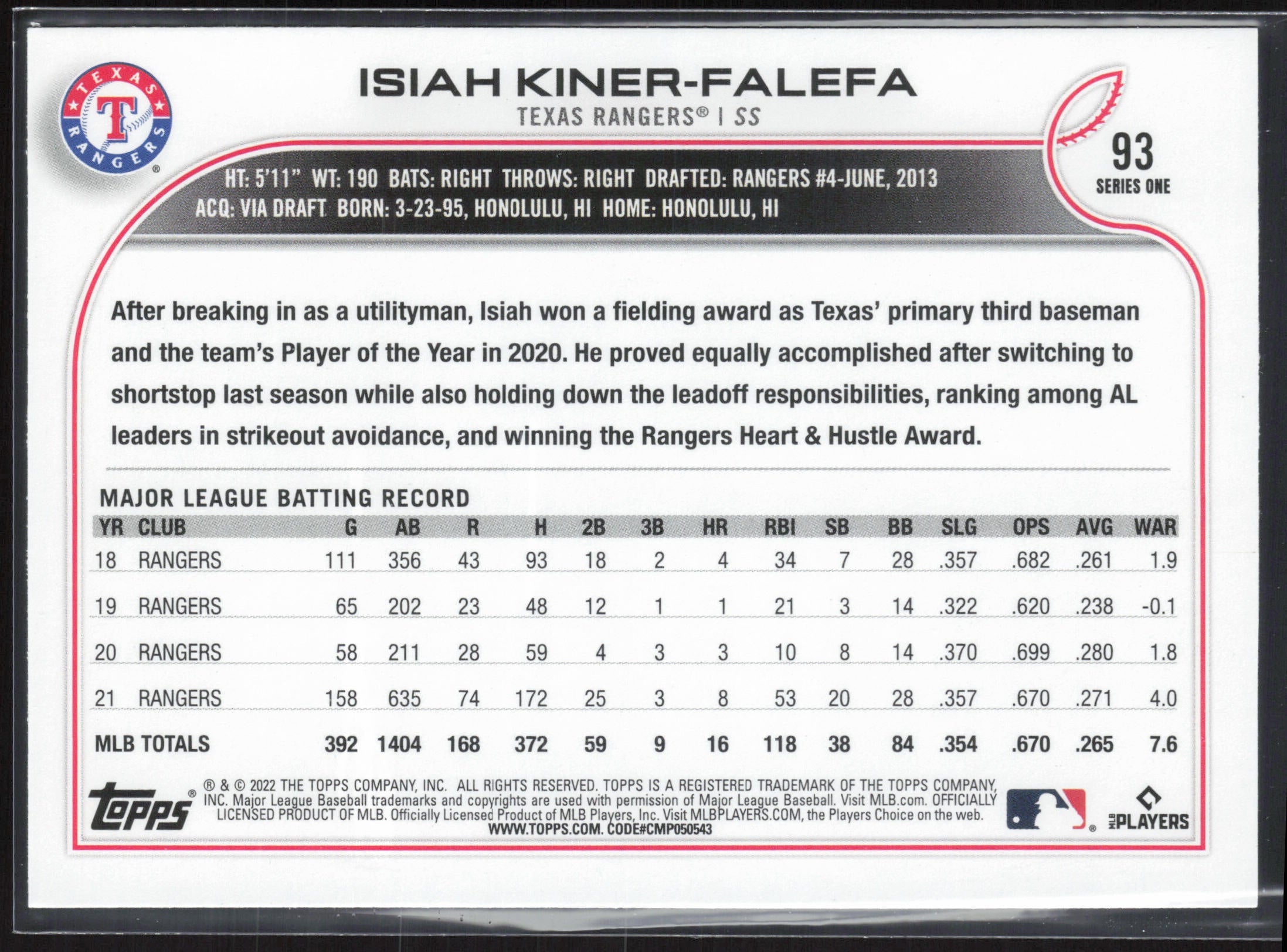 2022 Topps #93 Isiah Kiner-Falefa