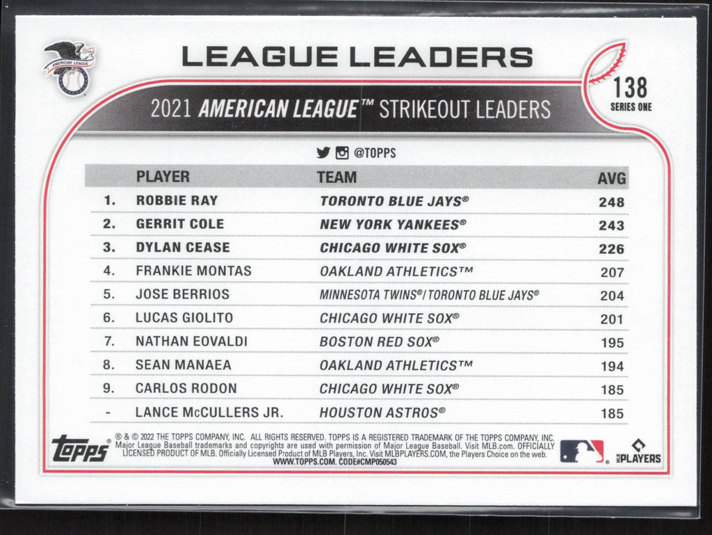 2022 Topps #138 AL Strikeouts Leaders Ray / Cole / Cease