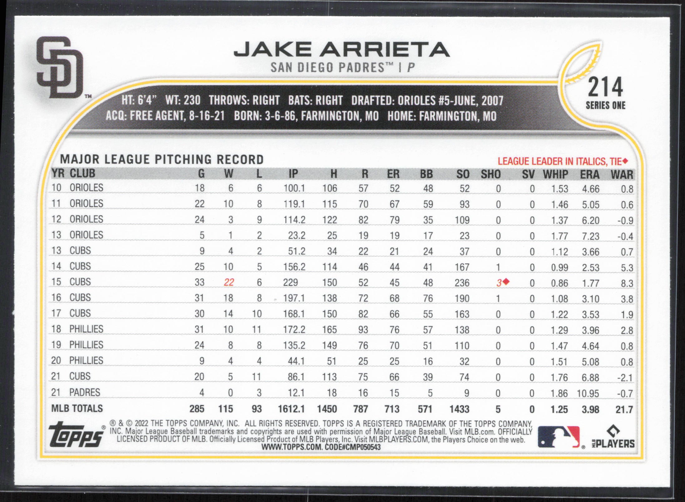 2022 Topps #214 Jake Arrieta